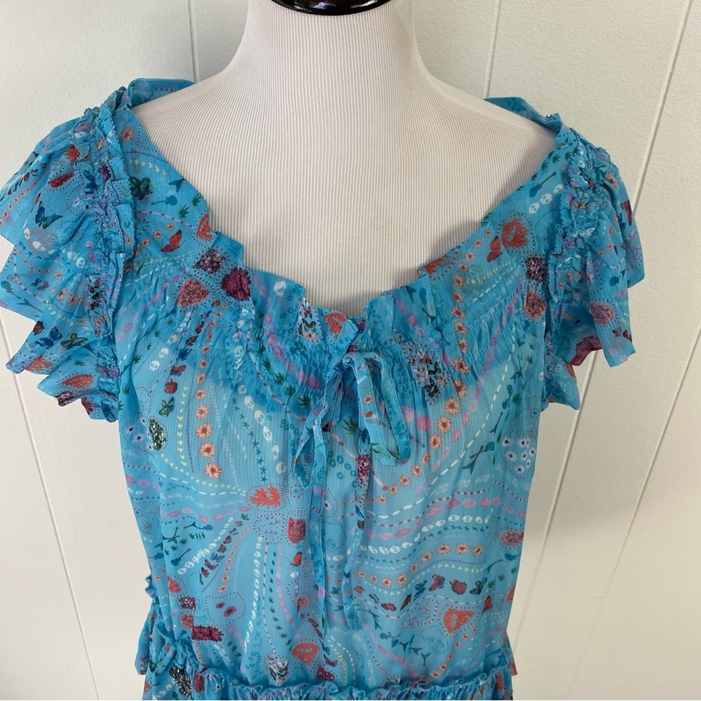 Zadig & Voltaire Tutti Print Psyche  Ruffle Sheer Top SZ XS Blue Novelty Print - Picture 8 of 16